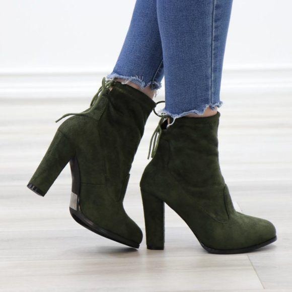 Round Toe Olive Suede Ankle Heeled Boots, Booties - Picture 9 of 12